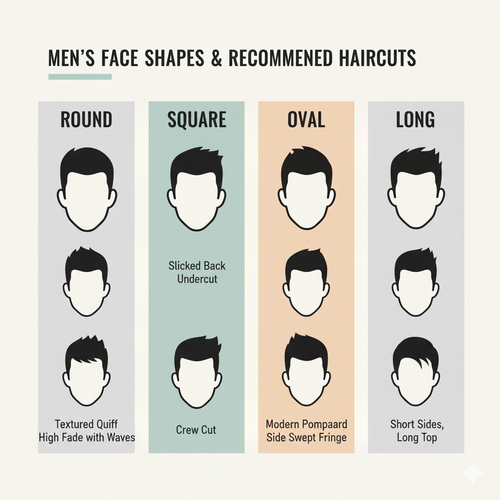 different men’s face shapes with recommended haircuts