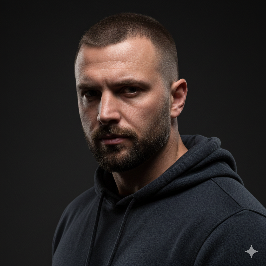 man with buzz cut haircut and short beard