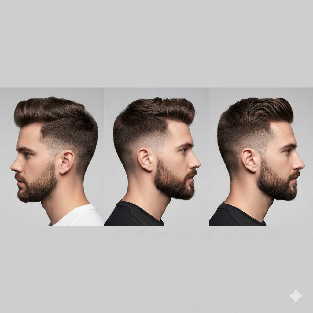 3 men side by side — one with low fade, one with mid fade, one with high fade