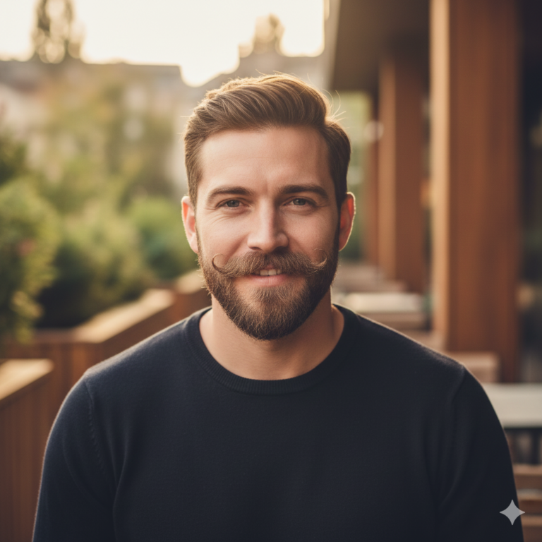 A confident modern man smiling subtly, showcasing a well-styled mustache