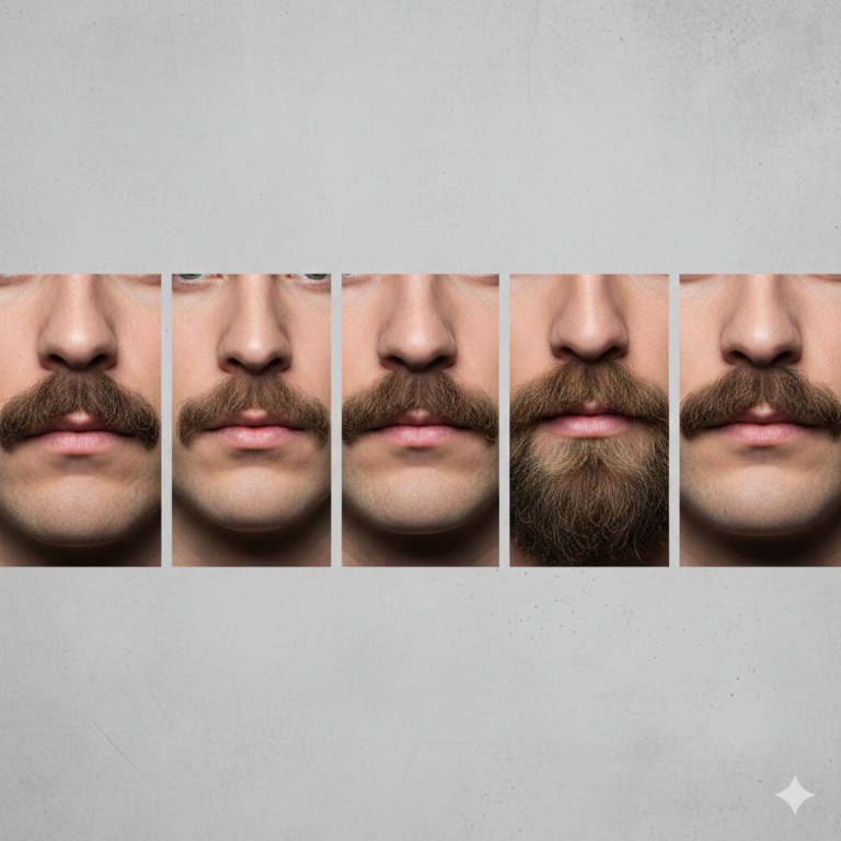 A high-quality editorial collage of multiple mustache styles