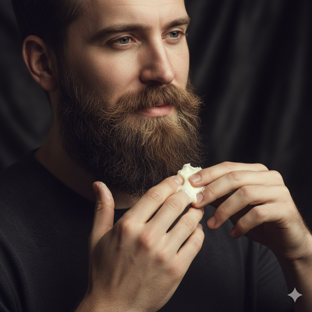 A man with a long full beard massaging beard