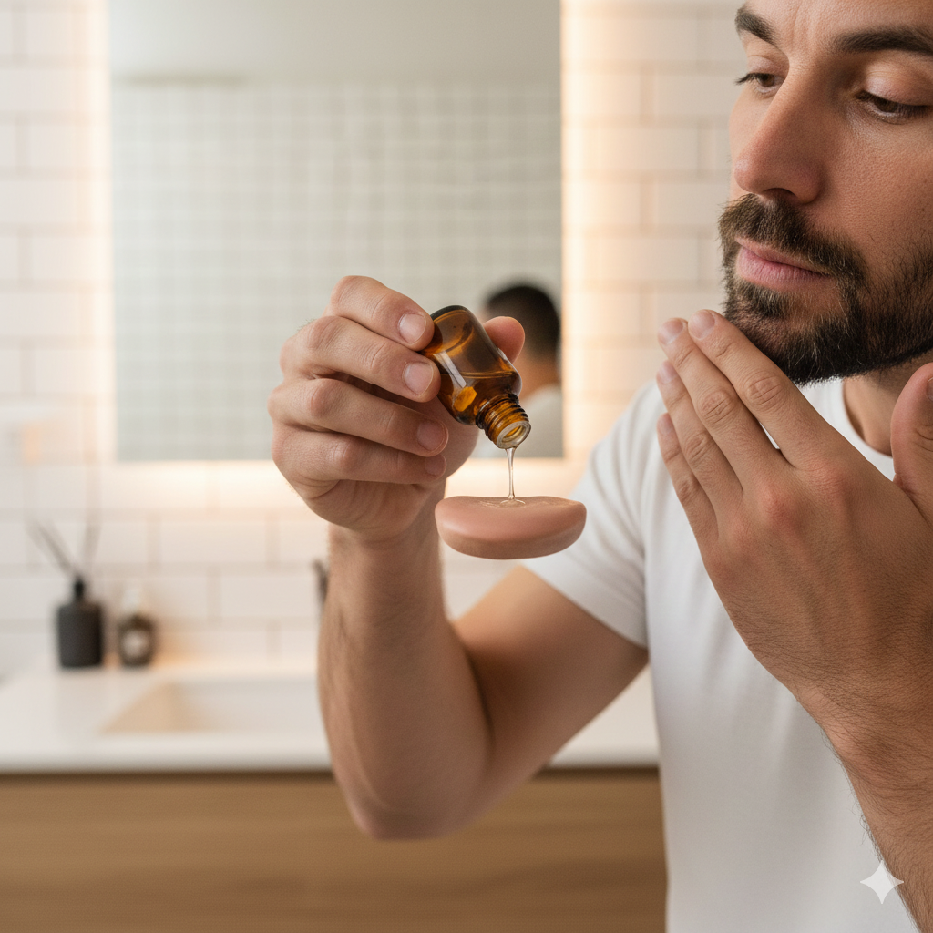 A man with a short stubble beard applying beard oil