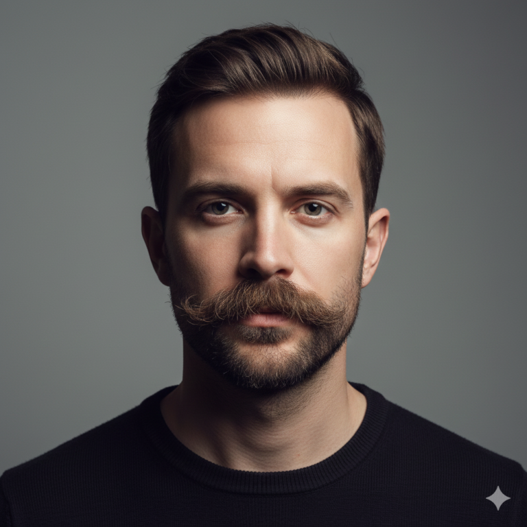 A man with a thick Chevron mustache, straight forward pose
