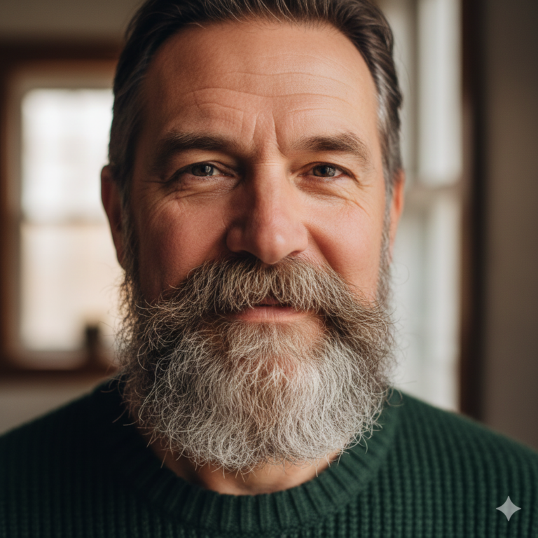 A mature man with a full, thick walrus mustache