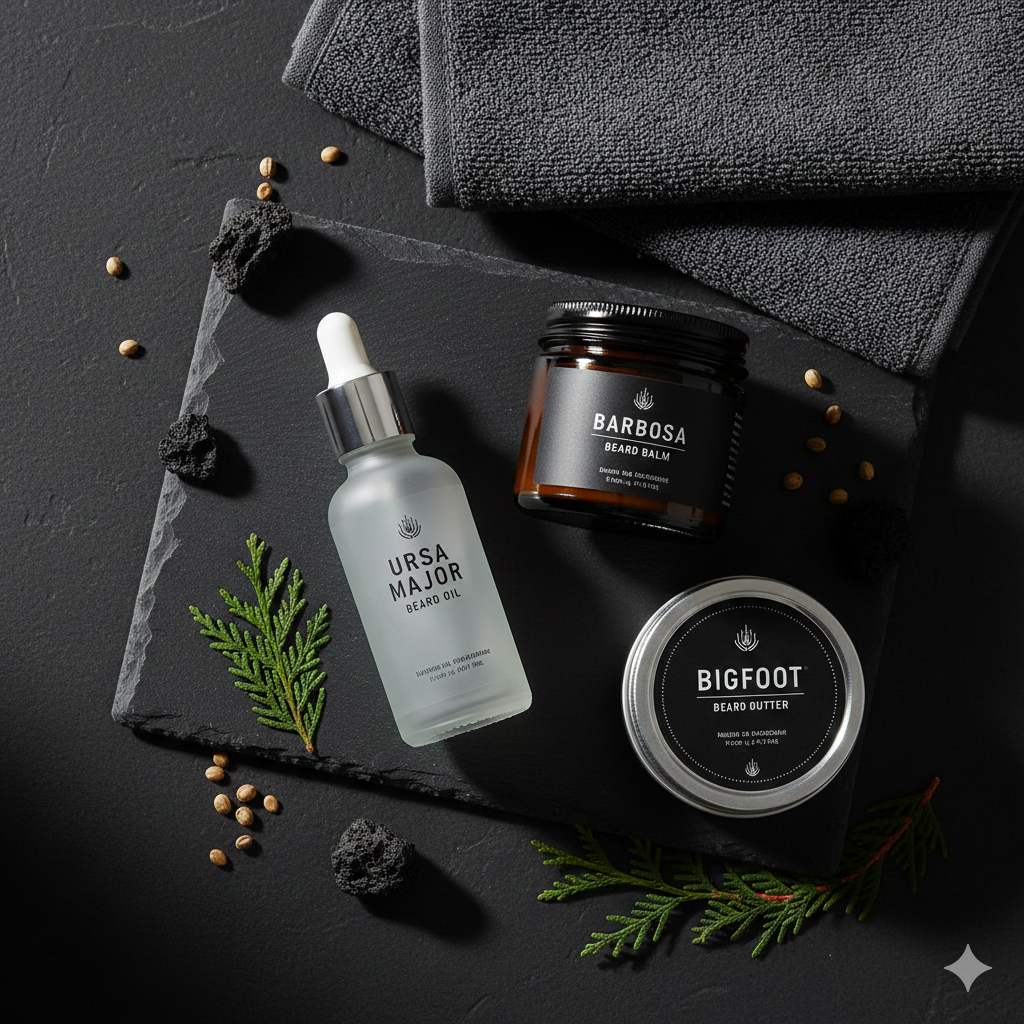 A modern 2026 beard care flat-lay featuring beard oil, beard balm