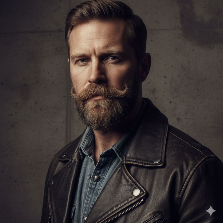 A rugged man wearing a bold horseshoe mustache