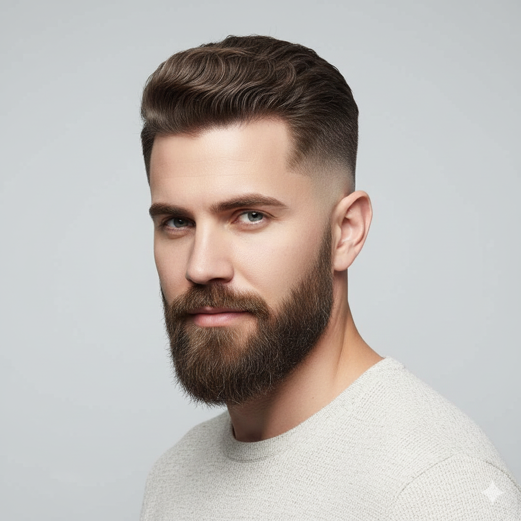 A stylish man showcasing both a modern haircut
