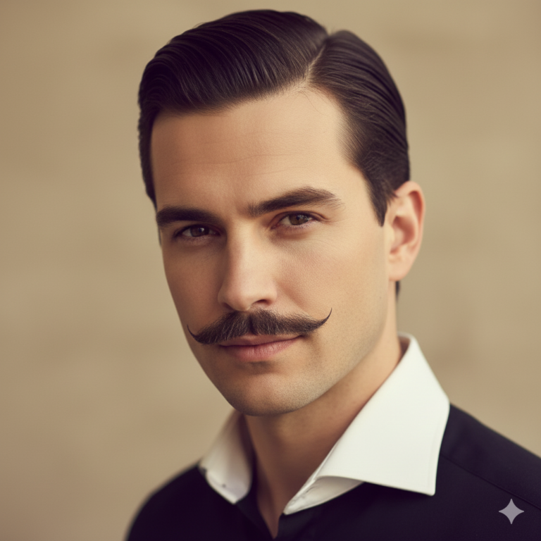A stylish man with a thin, sharp pencil mustache