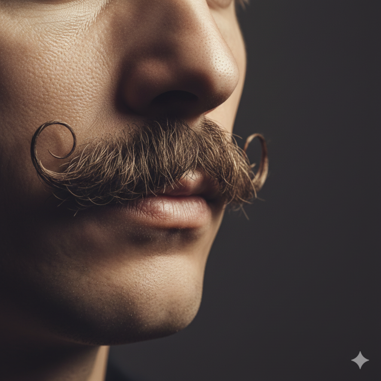 A well-groomed man with curled handlebar mustache