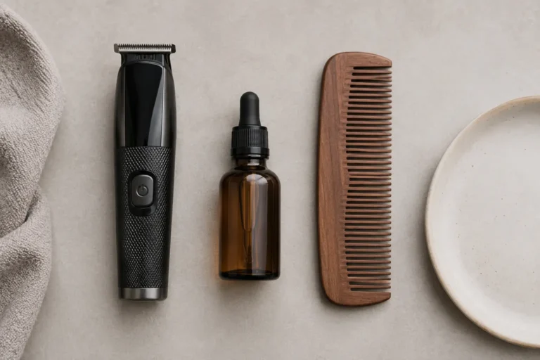 Beard trimmer, oil, and comb flat lay