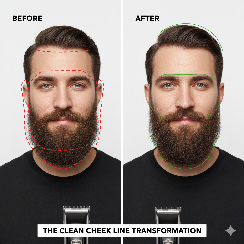 Before-and-after cheek line shaping on a patchy beard,