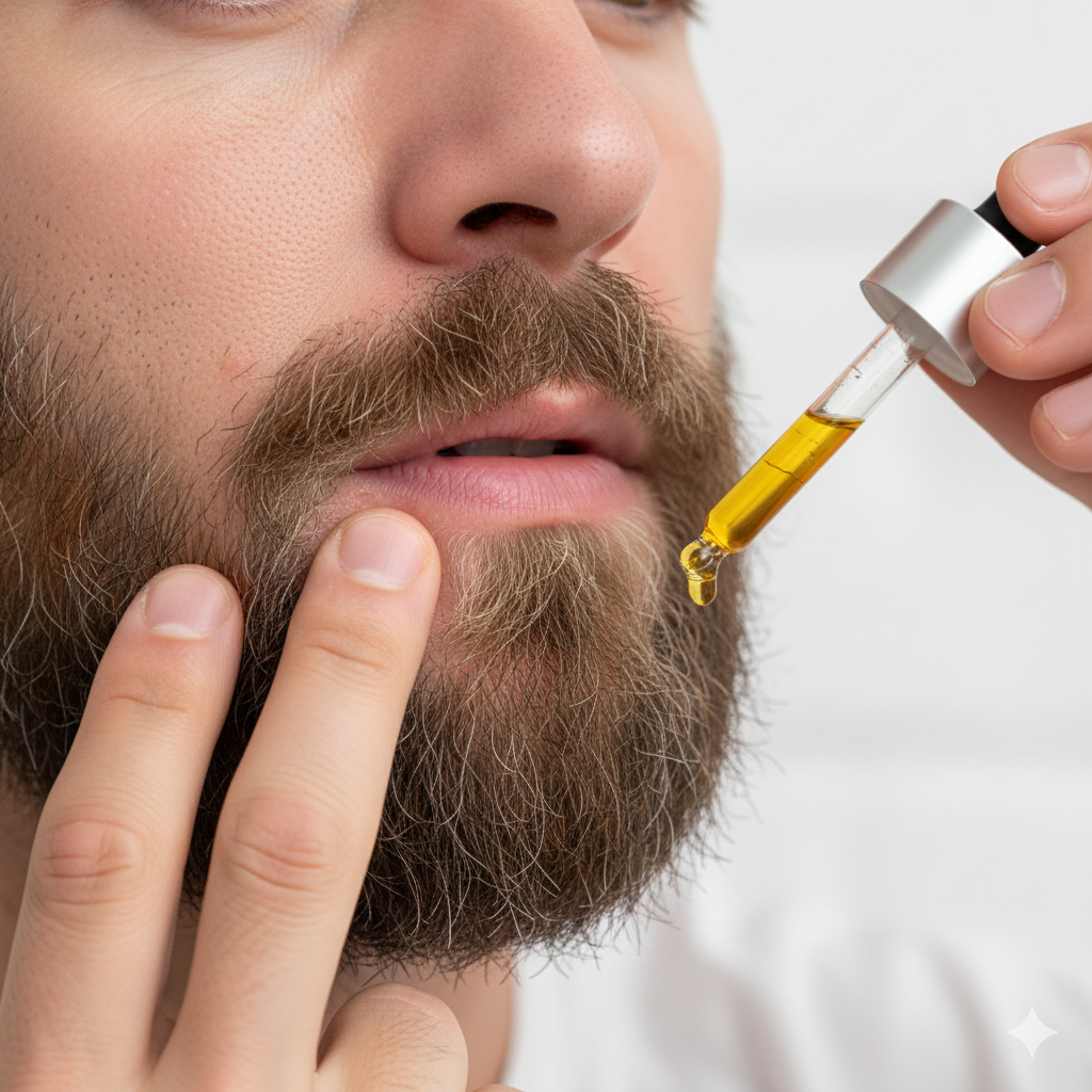 Close-up of a man touching dry beard skin, applying nourishing beard oil