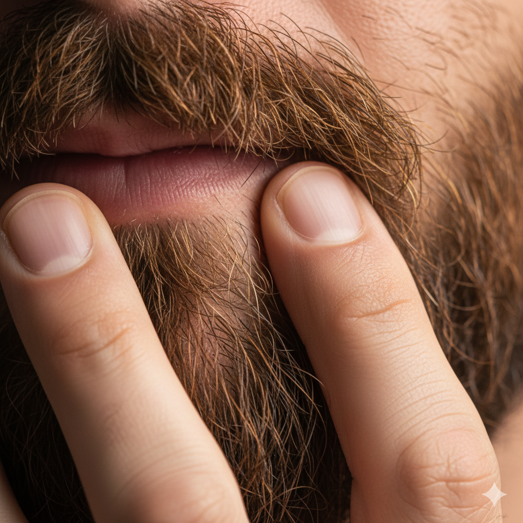 Close-up of fingertips massaging skin under beard hair,