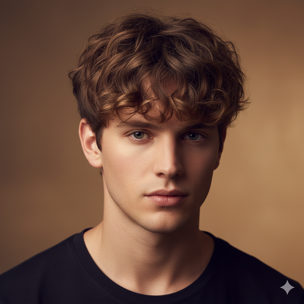 “Wavy-haired male model with curly fringe