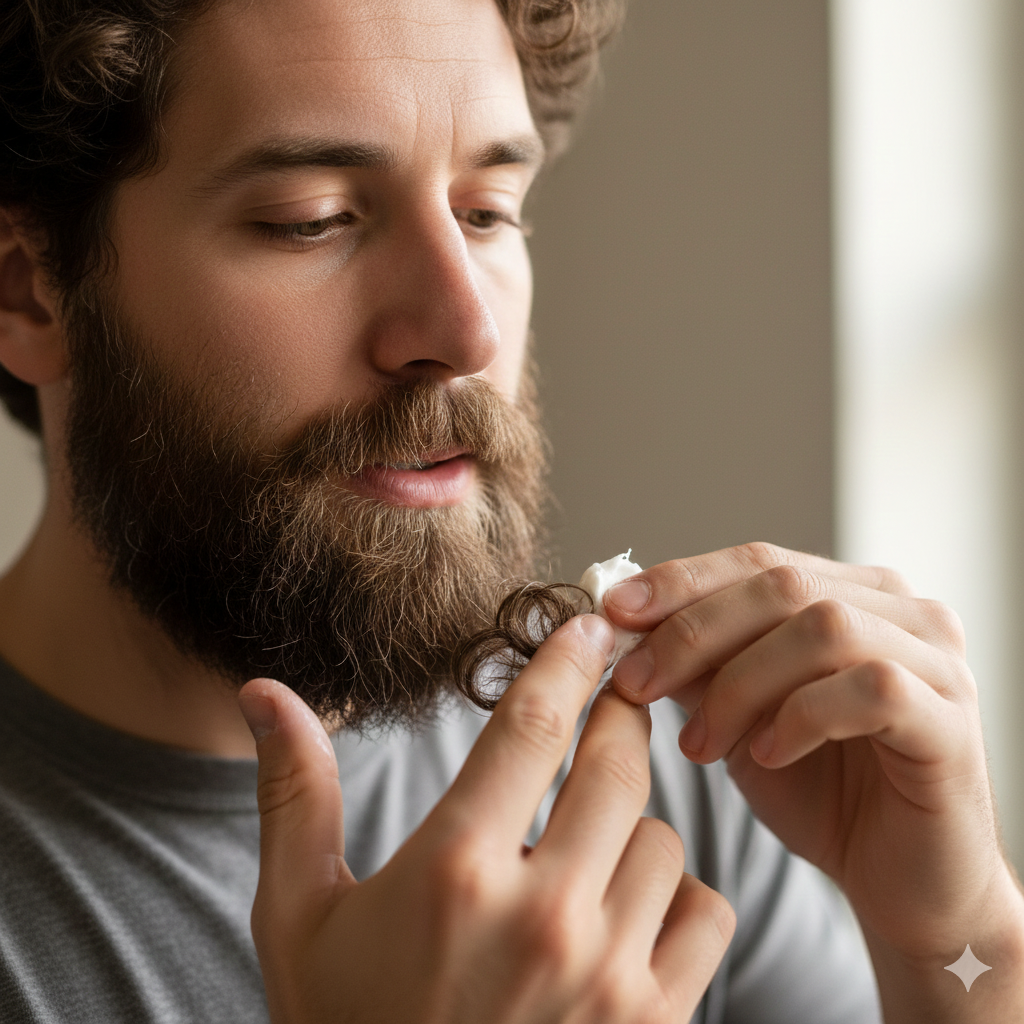 Curly-bearded man applying beard butter to soften curls
