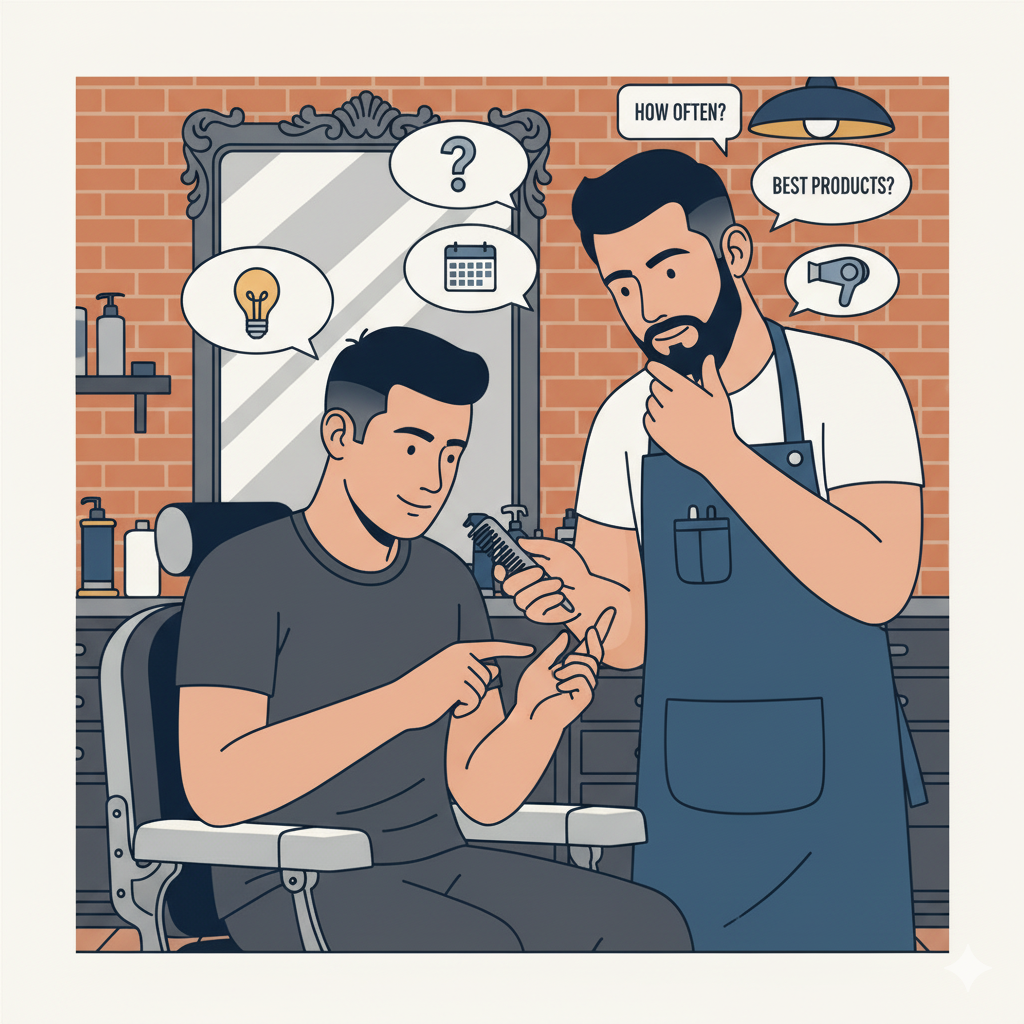 Editorial Q&A visual showing barber answering questions in front of mirror