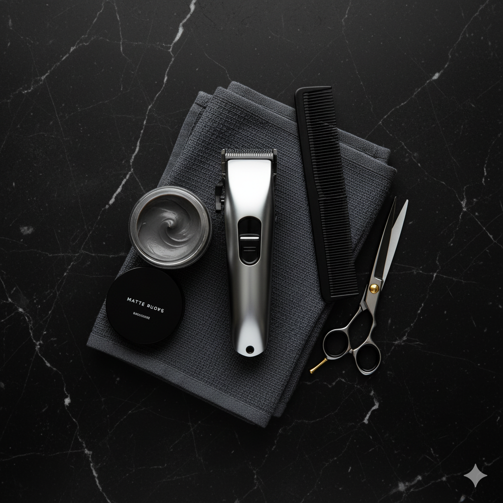 Editorial flat lay of men’s grooming products