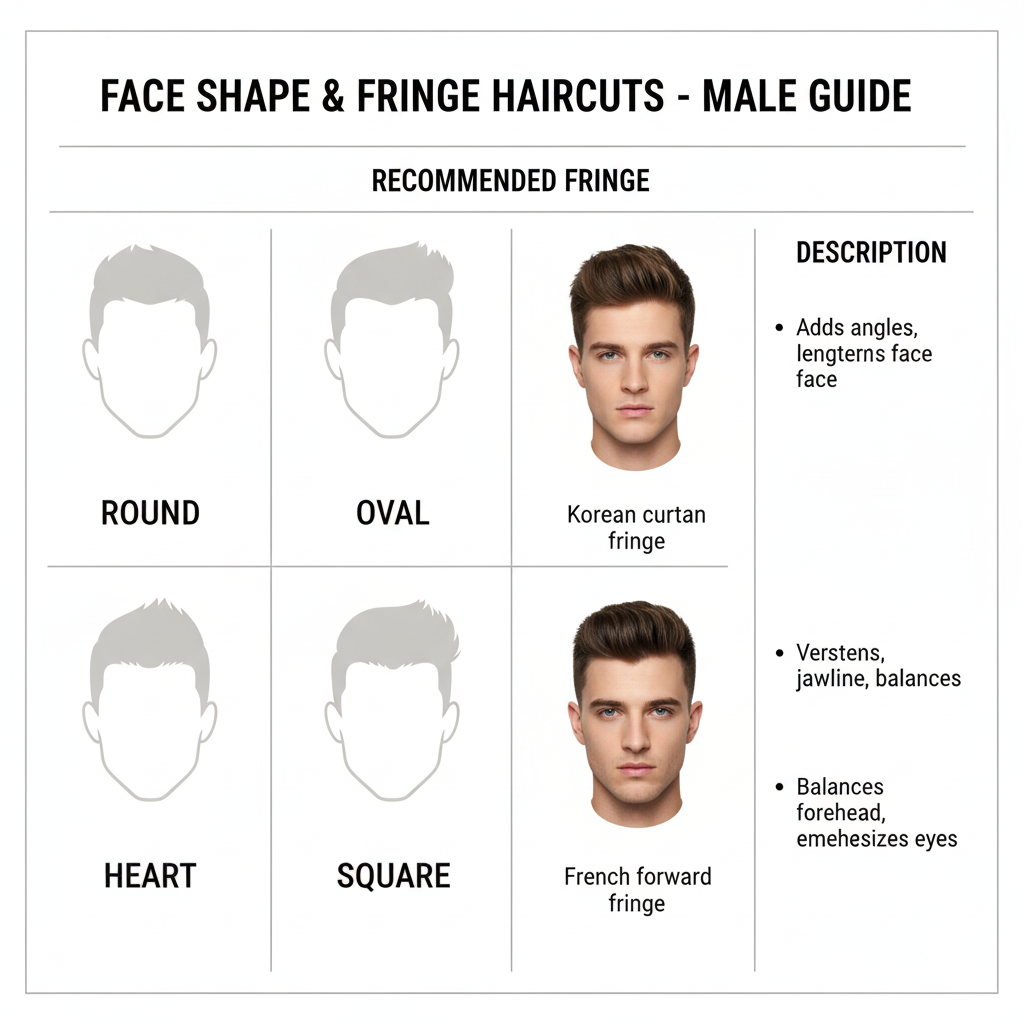 “Face shape diagram with recommended male fringe haircuts