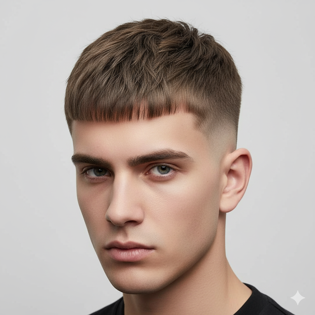 “French crop haircut with sharp textured frIing