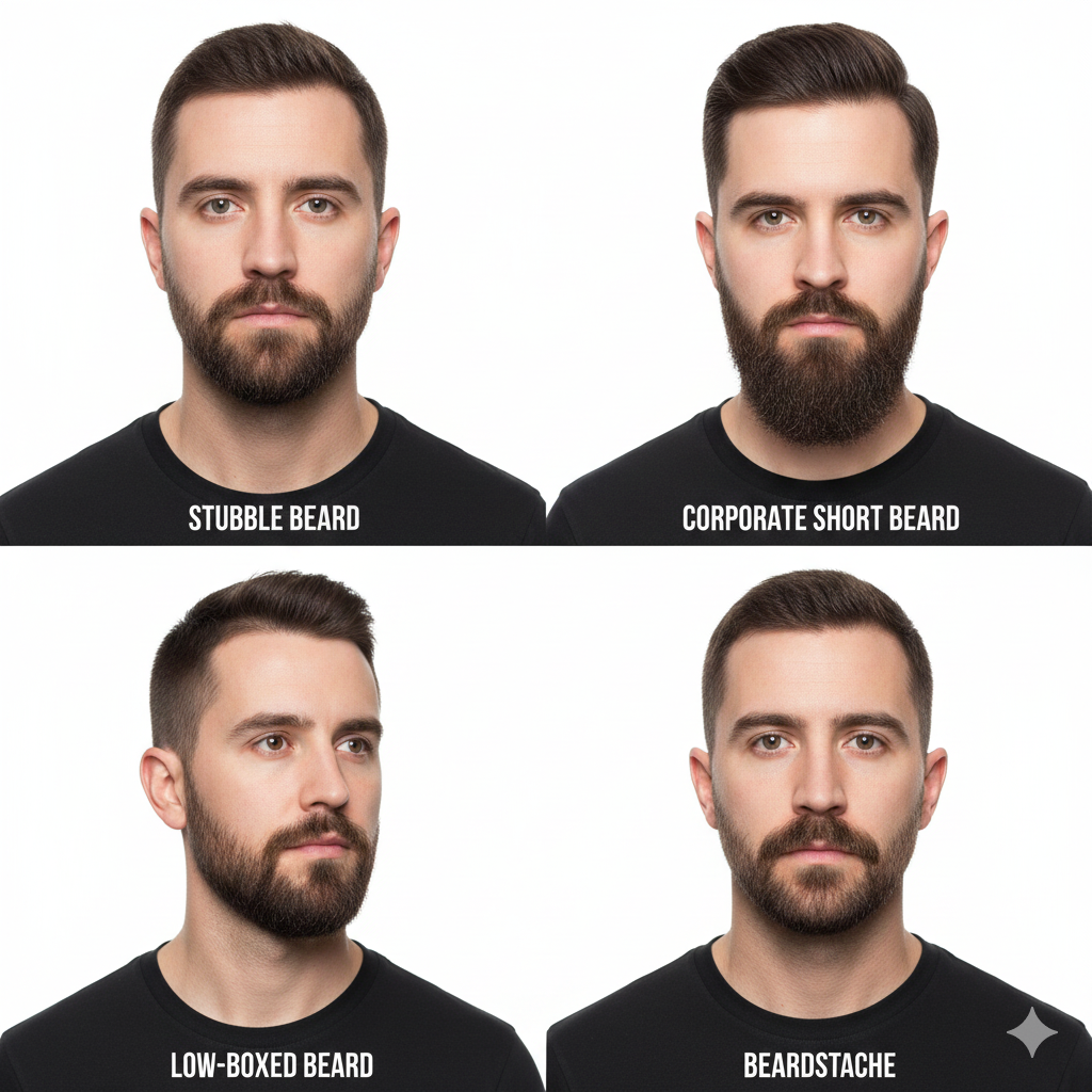 “Grid of four beard styles for patchy beards