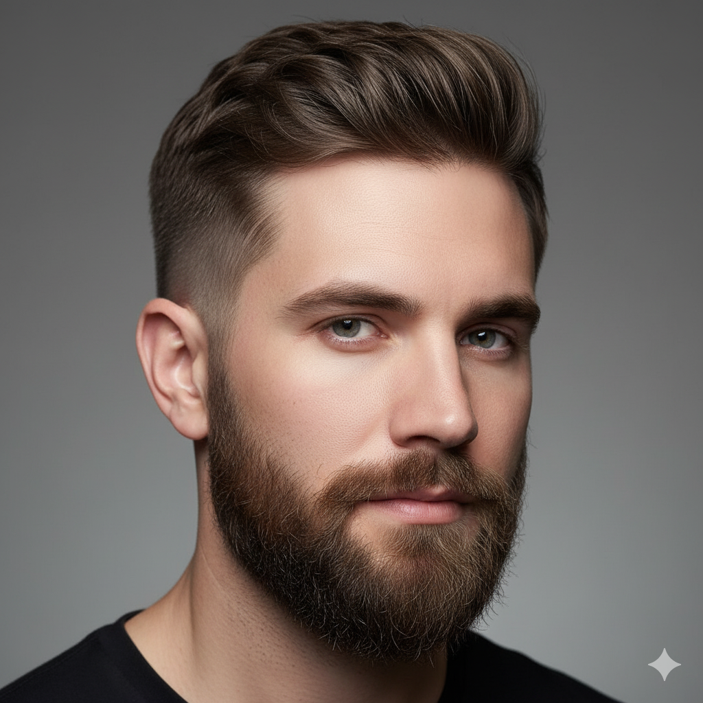 “Low taper fade haircut with a short full beard,