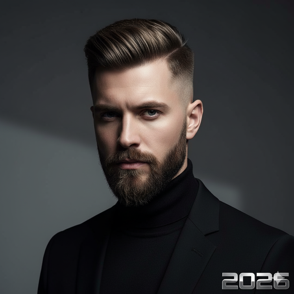 "Male model with a high fade haircut and perfectly shaped Balbo beard