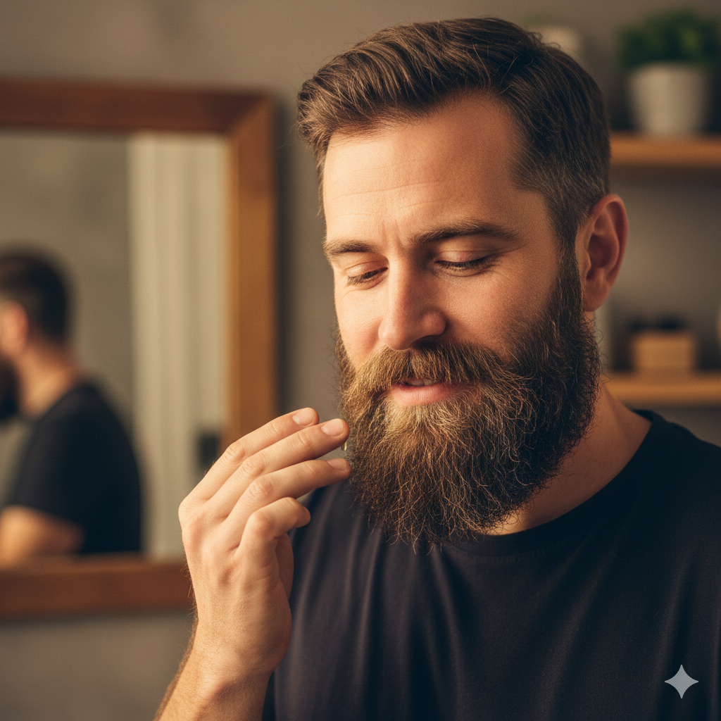 Man applying beard oil and massaging facial hair, warm lighting