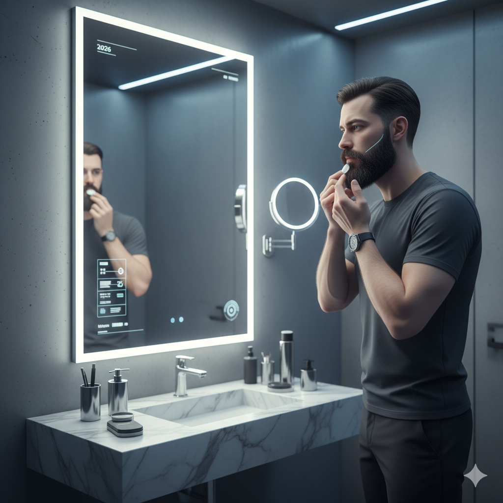 Man styling a precisely shaped beard