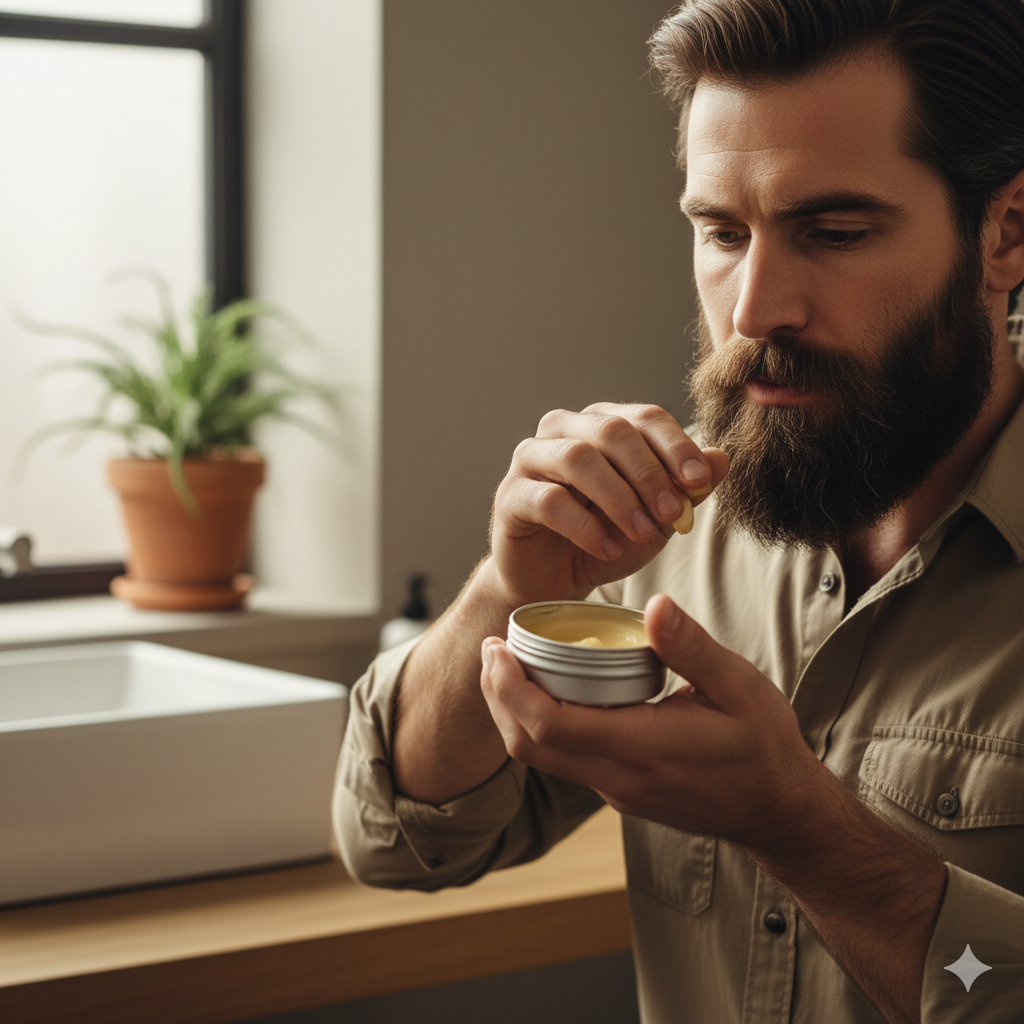 Man with a medium-length beard applying beard balm with fingers,