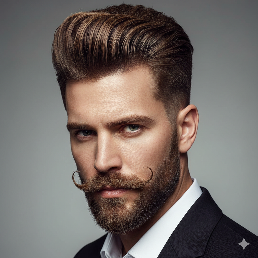 Man with a modern pompadour and Balbo beard,