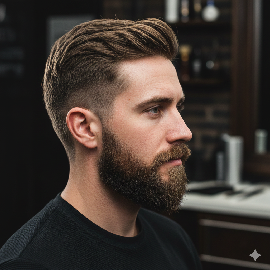 “Man with a neatly shaped short beard and crisp lines