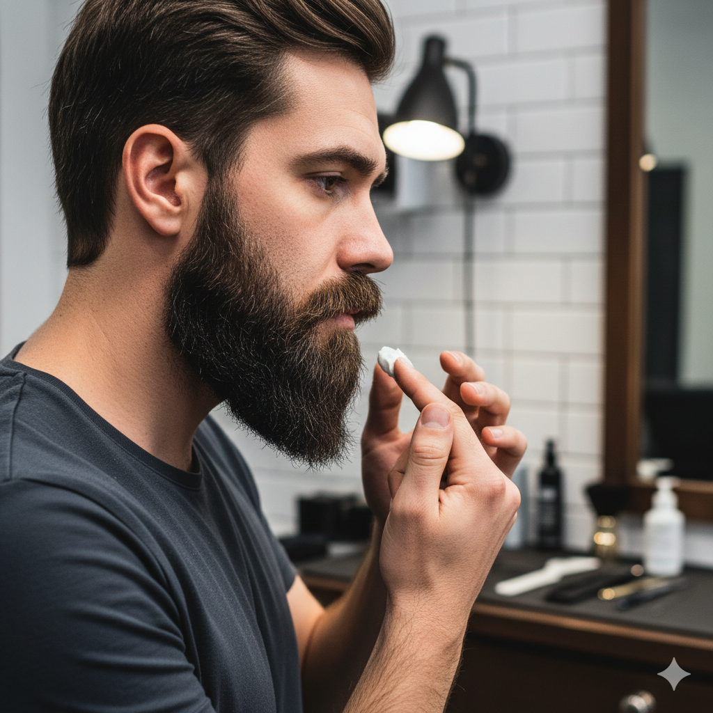mage Prompt: Man with a sharp-edged beard applying beard balm to define lines and edges