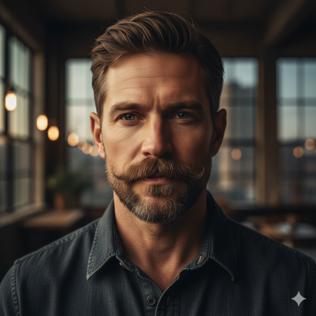 Man with a thick mustache and short stubble beard,