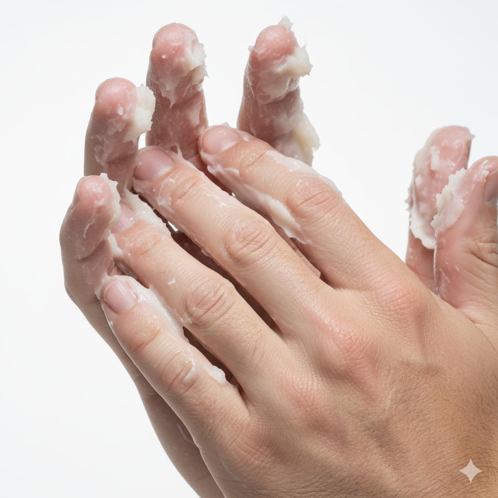 Over-application of beard balm on fingers