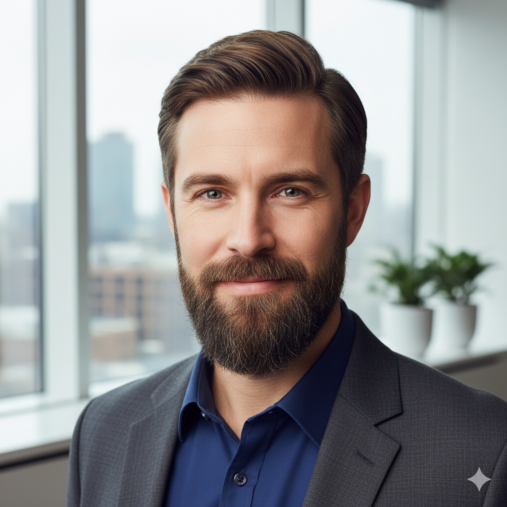 “Professional man with a 5–10mm neatly trimmed beard,