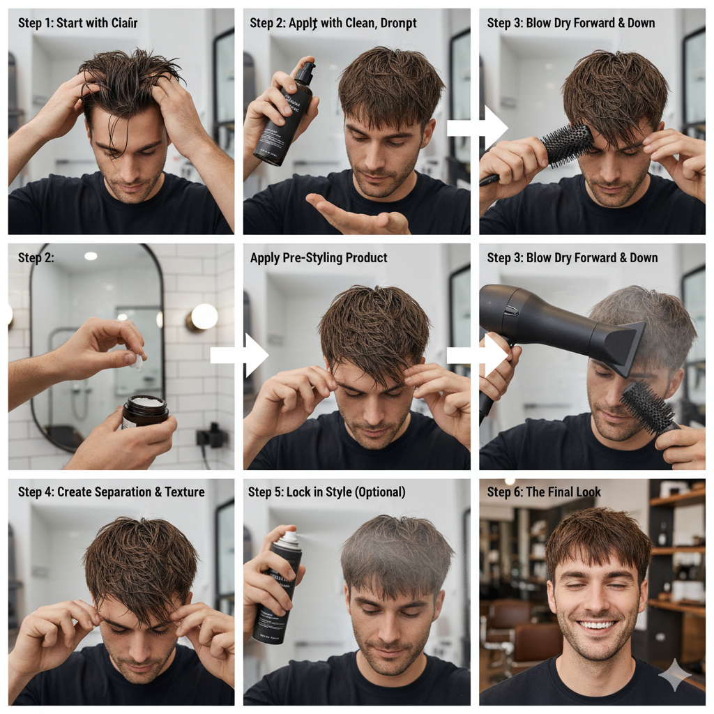 Step-by-step men’s fringe styling tutorial collage