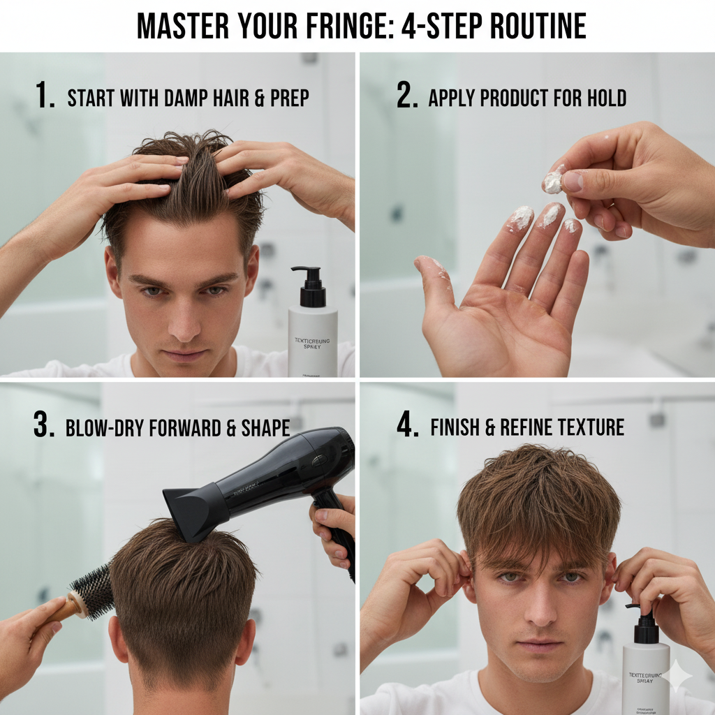“Step-by-step men’s fringe styling tutorial collage