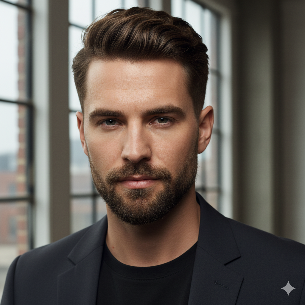 Textured Quiff + Stubble Beard (Youthful, Stylish & Easy to Maintain)