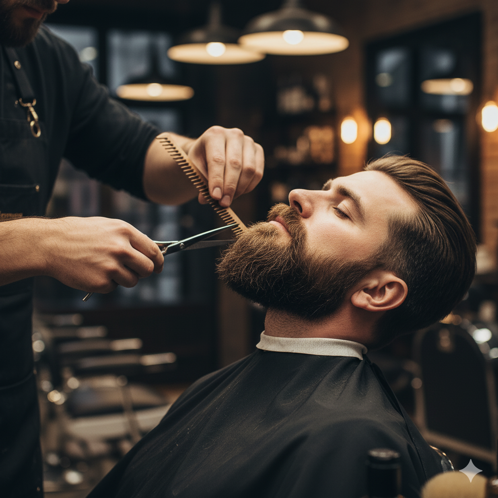 Man grooming beard at home