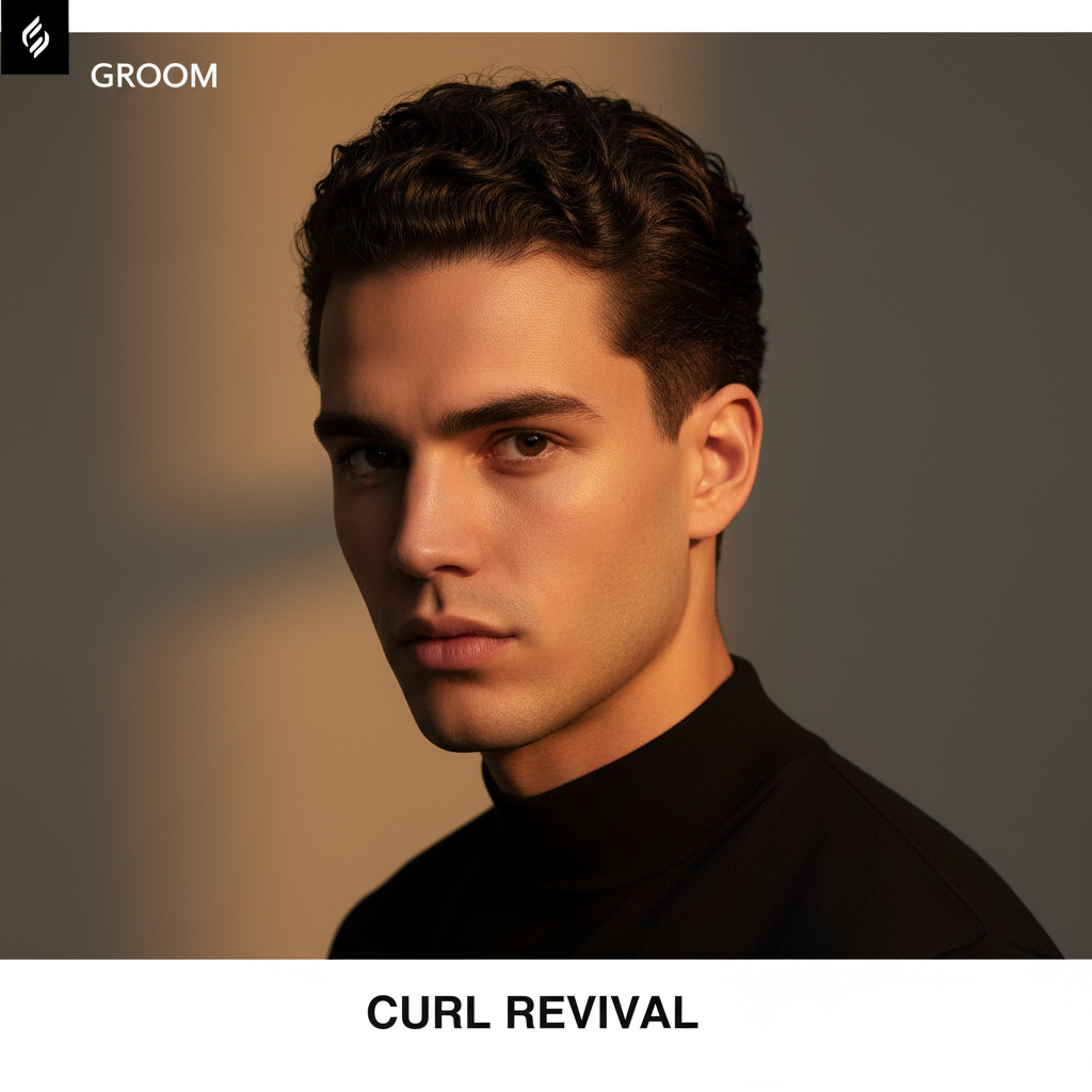 A curly slick back hairstyle on a male model.