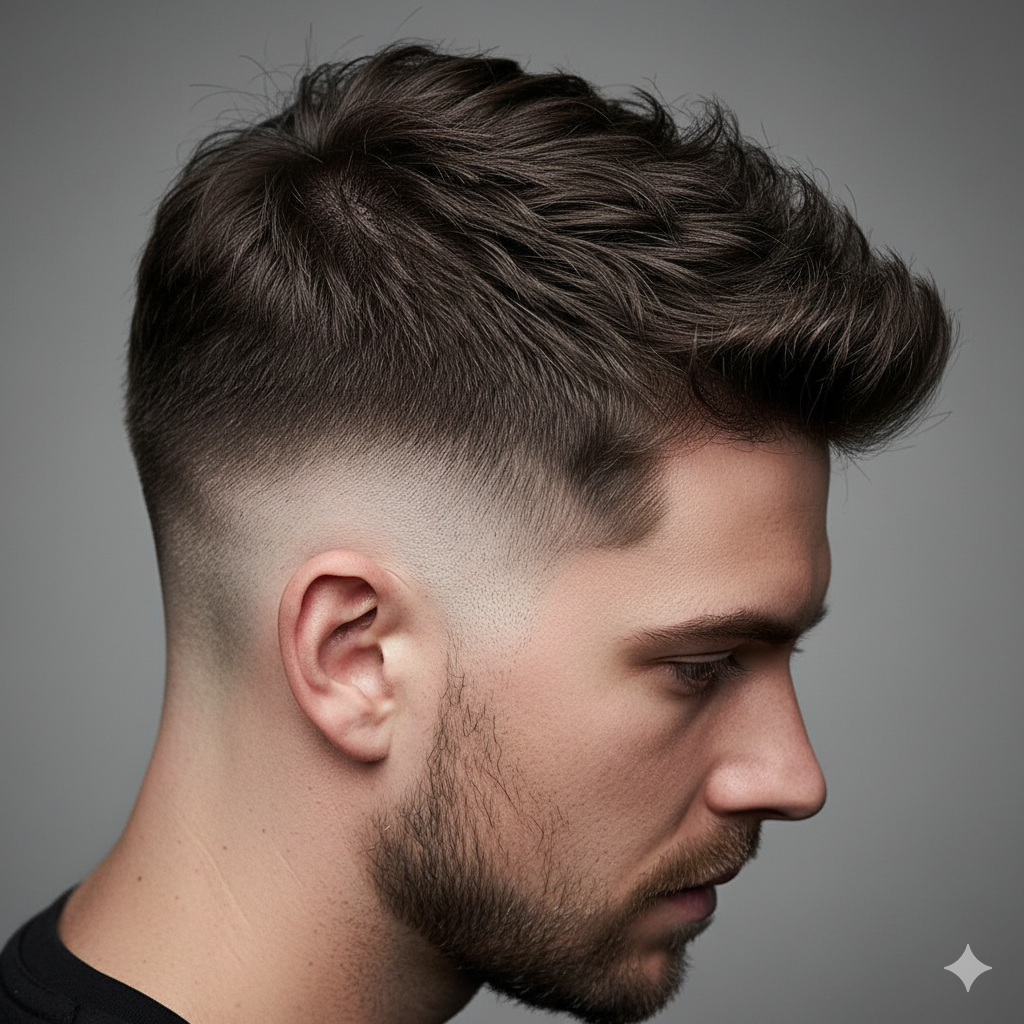 skin fade with razor-sharp lines and textured crop top