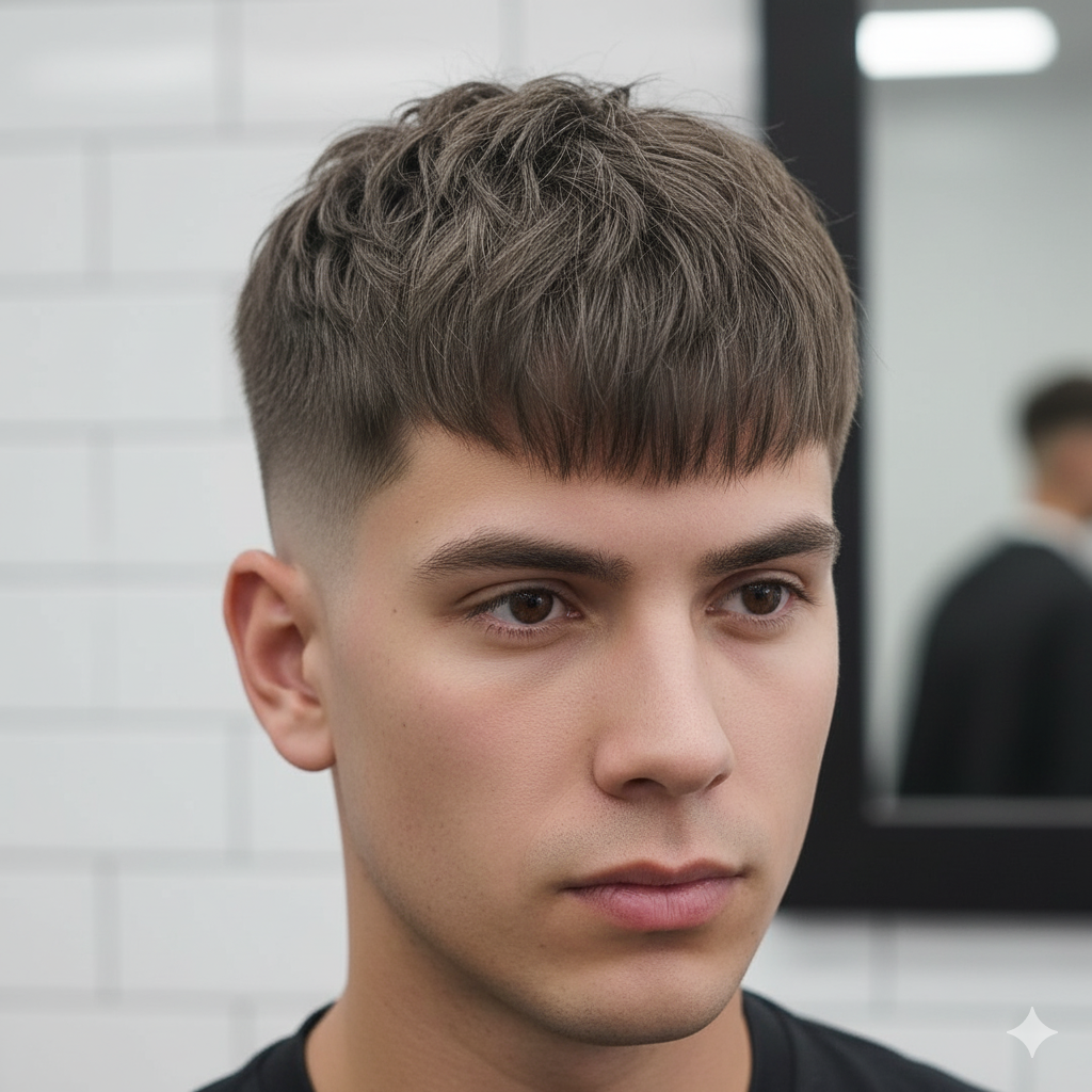 Textured fringe paired with mid fade, matte texture