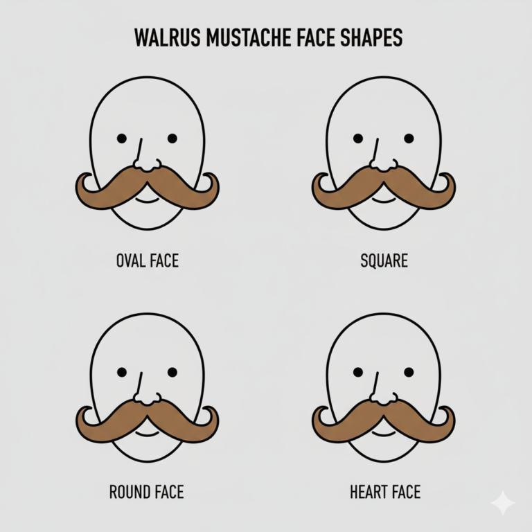 A clean vector infographic showing different face shapes with a walrus mustache.