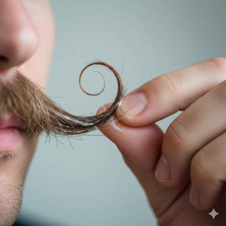 A close-up of a man applying mustache wax