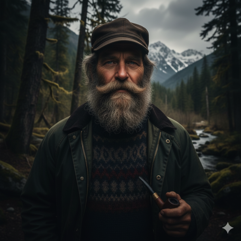 A dramatic portrait of a man with a full, dense walrus mustache