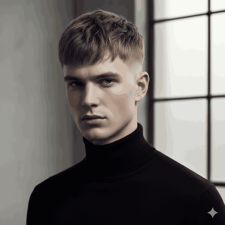 A final, high-fashion shot of a man in a minimalist black turtleneck.