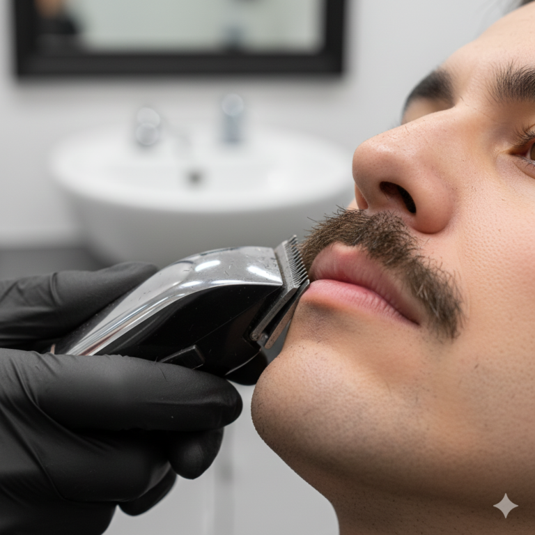 A macro close-up of a barber trimming a pencil mustache