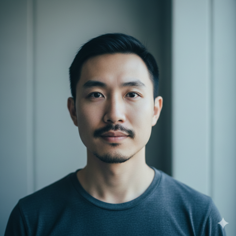 A man of East Asian ethnicity with a thin, lightweight mustache