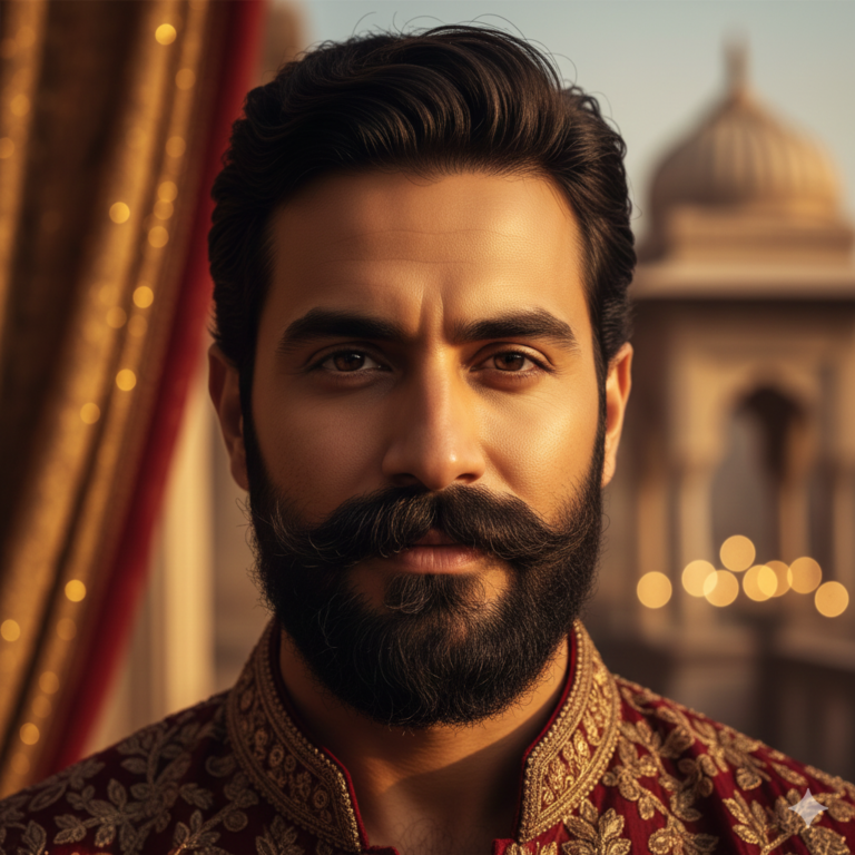 A man of Indian ethnicity with a thick, dense mustache